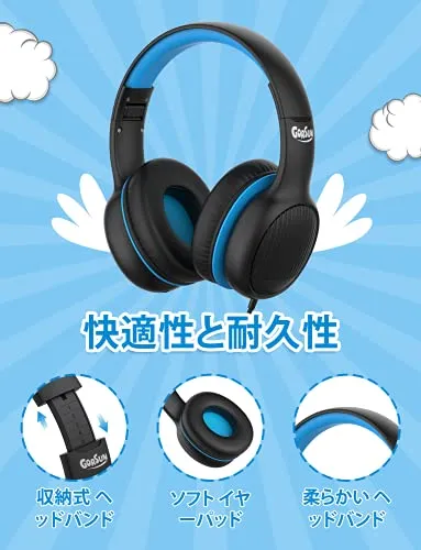 gorsun Premium A66 Kids Headphones with 85dB/94dB Volume Limited, in-line HD Mic, Audio Sharing, Foldable Toddler Headphones, Adjustable, Children Headphones Over-Ear for School Travel, Blue Black