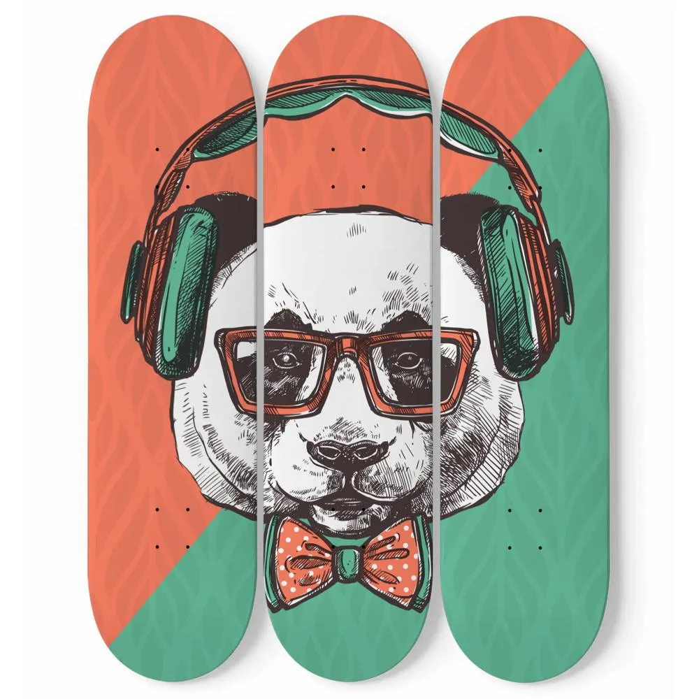 Hipster Panda Illustration with headphones and glasses | Skateboard Wall Art, Mural & Skate Deck Art | Home Decor