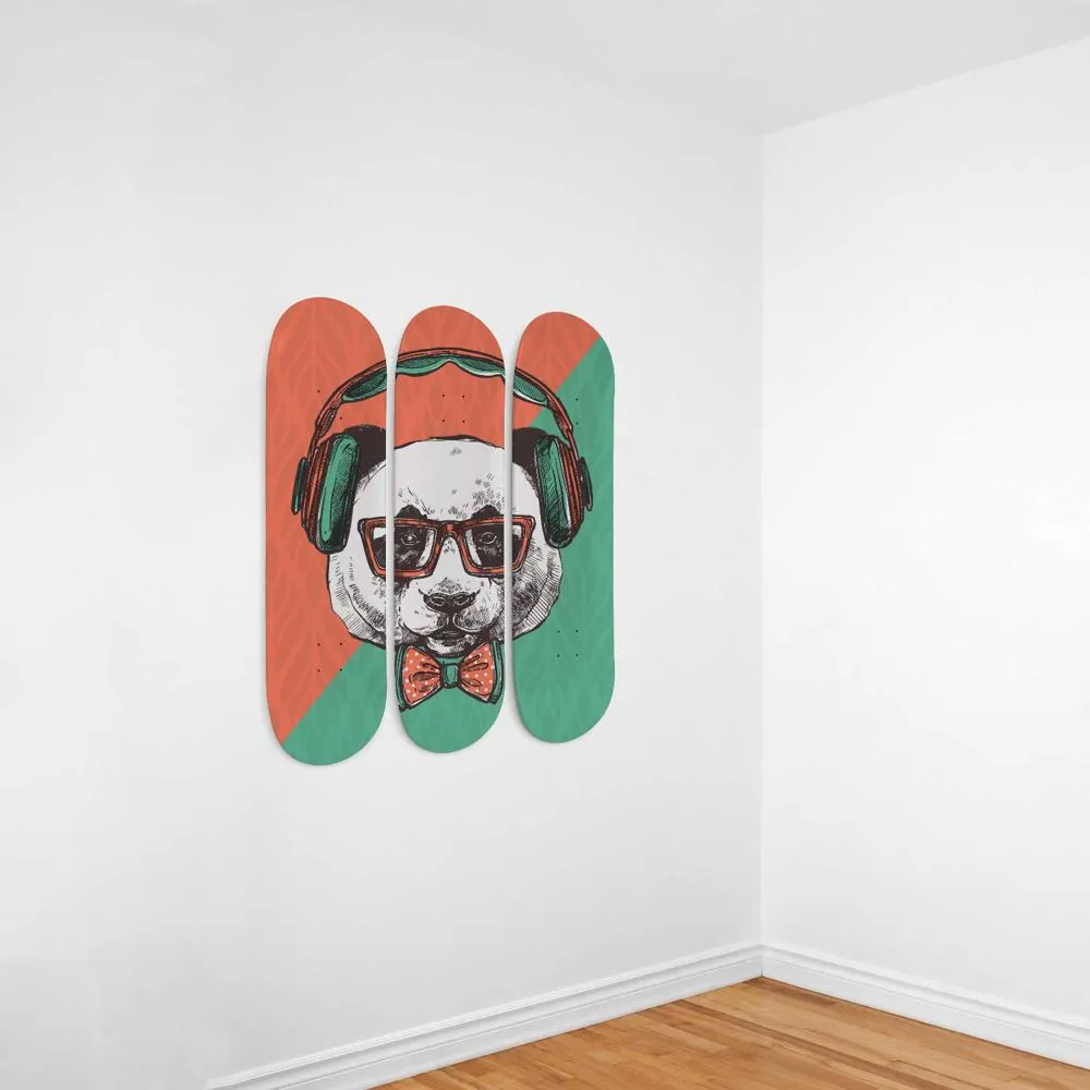 Hipster Panda Illustration with headphones and glasses | Skateboard Wall Art, Mural & Skate Deck Art | Home Decor