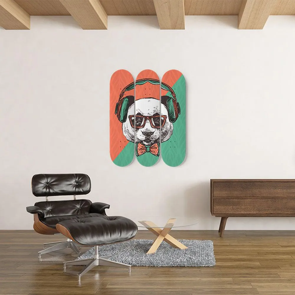 Hipster Panda Illustration with headphones and glasses | Skateboard Wall Art, Mural & Skate Deck Art | Home Decor