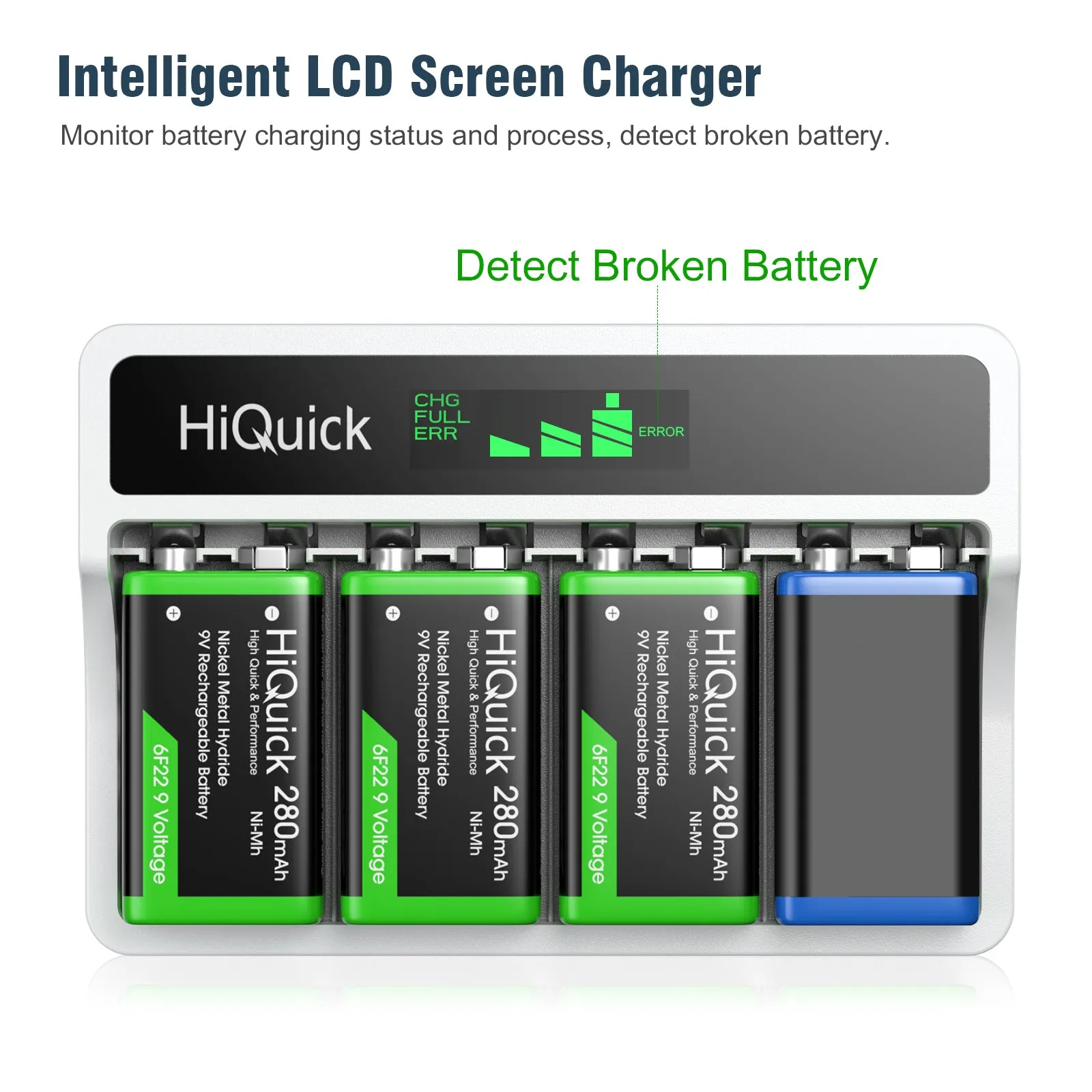 HiQuick 9V Ni-Mh/Li-Ion Batteries with LCD 9V Battery Charger