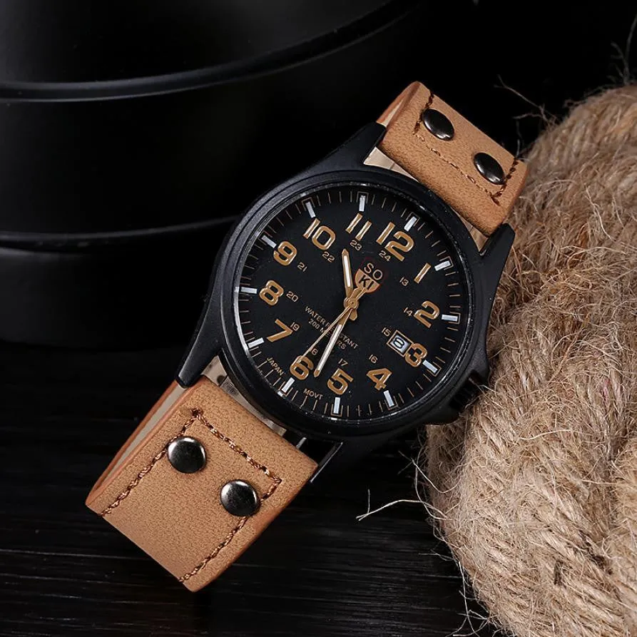 Hot sale Men Wathes Vintage Classic Men's Business Date Leather Strap Sport watch Quartz Army Watch Gift