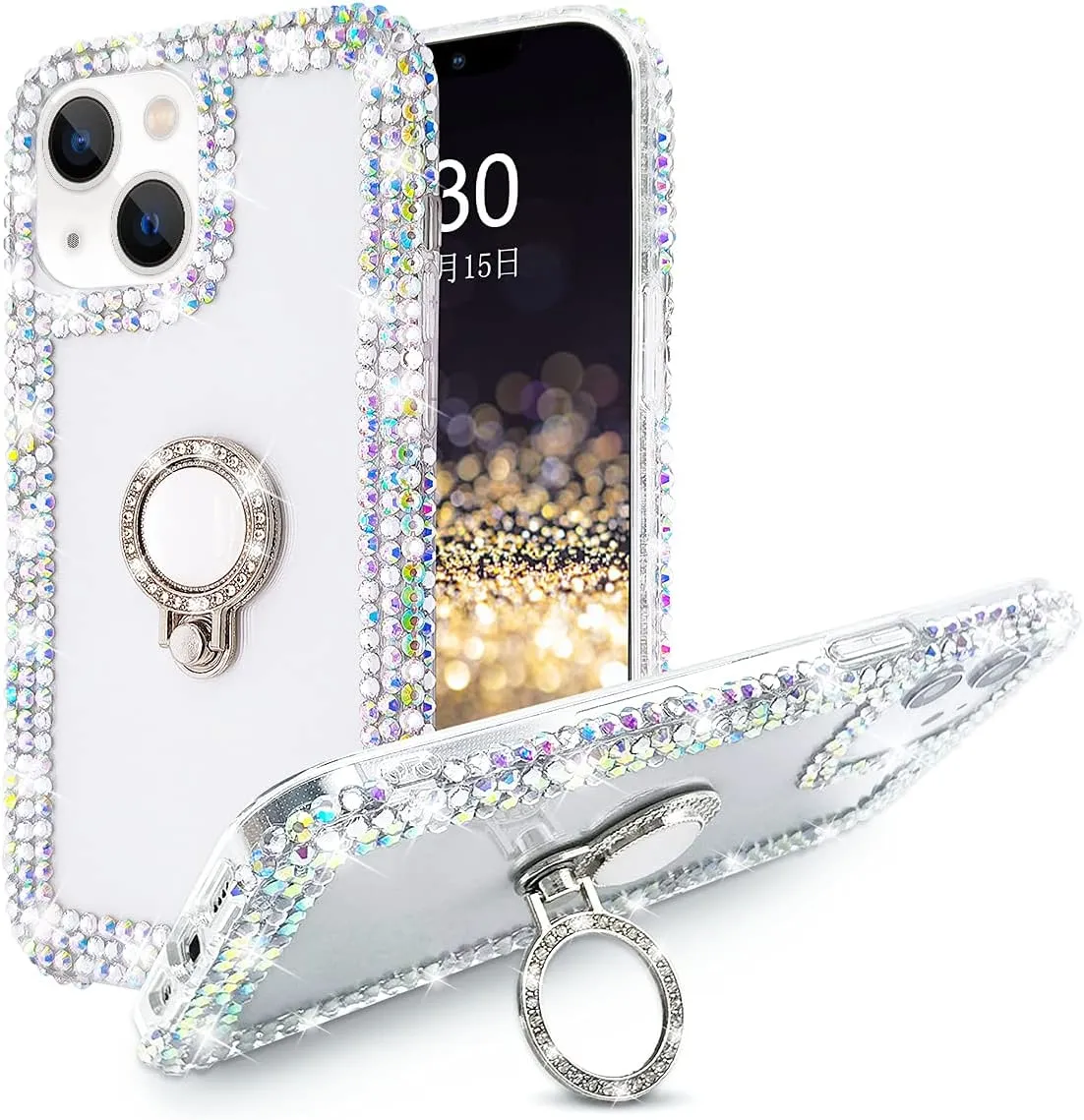 iPhone 14 Plus Case Case Finger Ring Bracket Stand Luxury Shiny Clear Protective Bumper Cover