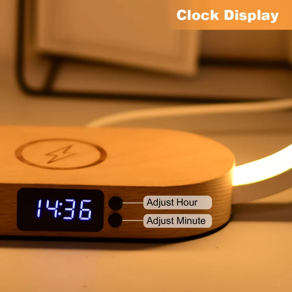 LED Desk Lamp, With Wireless Charger, USB Charging Port, Desk Lamp With Clock, Alarm Clock, Date, Temperature, Foldable Desk Lamp, For Desktop, Bedroom, Bedside, Office, Study