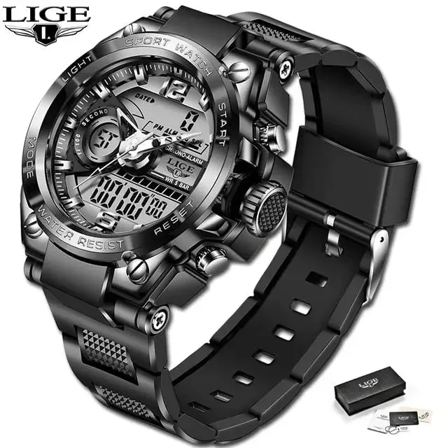 LIGE Sport Men Quartz Digital Watch Creative Diving Watches Men Waterproof Alarm Watch Dual Display Clock Relogio Masculino