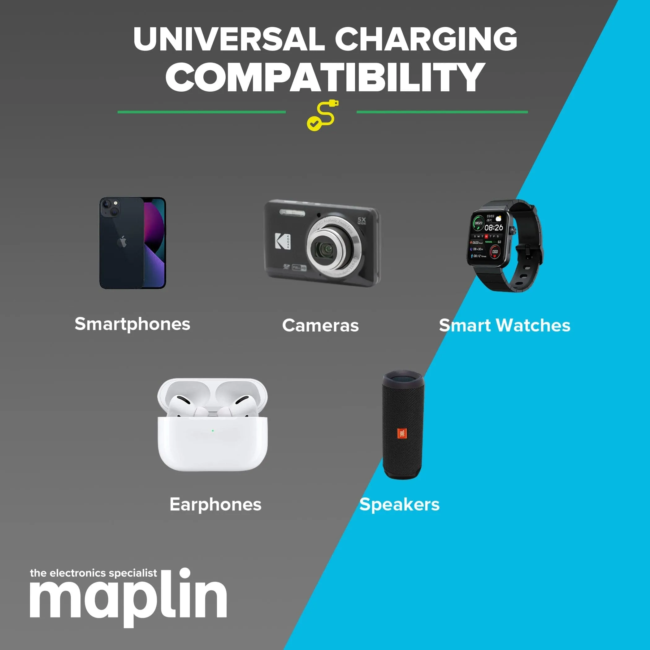 Maplin 5 Port (1x USB-C PD / 4x USB-A 3.0 QC) 60W High Speed USB Charger with 1.6m Cable