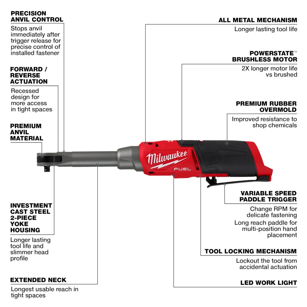 Milwaukee 2568-20 12V FUEL M12 1/4" Extended Reach High Speed Ratchet -Bare Tool