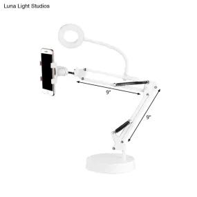 Modern LED Vanity Lighting with Extendable Arm - White Metal Circle Design with Mobile Phone Support