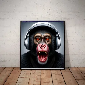 Monkey art print  ,monkey in headphones  Poster, Monkey poster ,monkey wall art ,art decor,monkey  art print