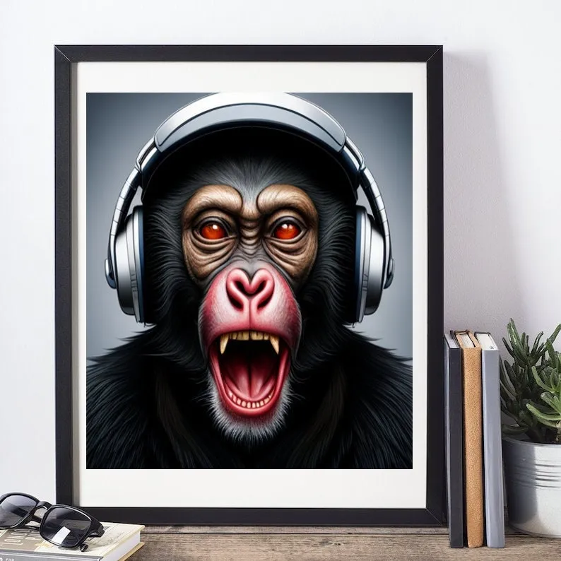 Monkey art print  ,monkey in headphones  Poster, Monkey poster ,monkey wall art ,art decor,monkey  art print