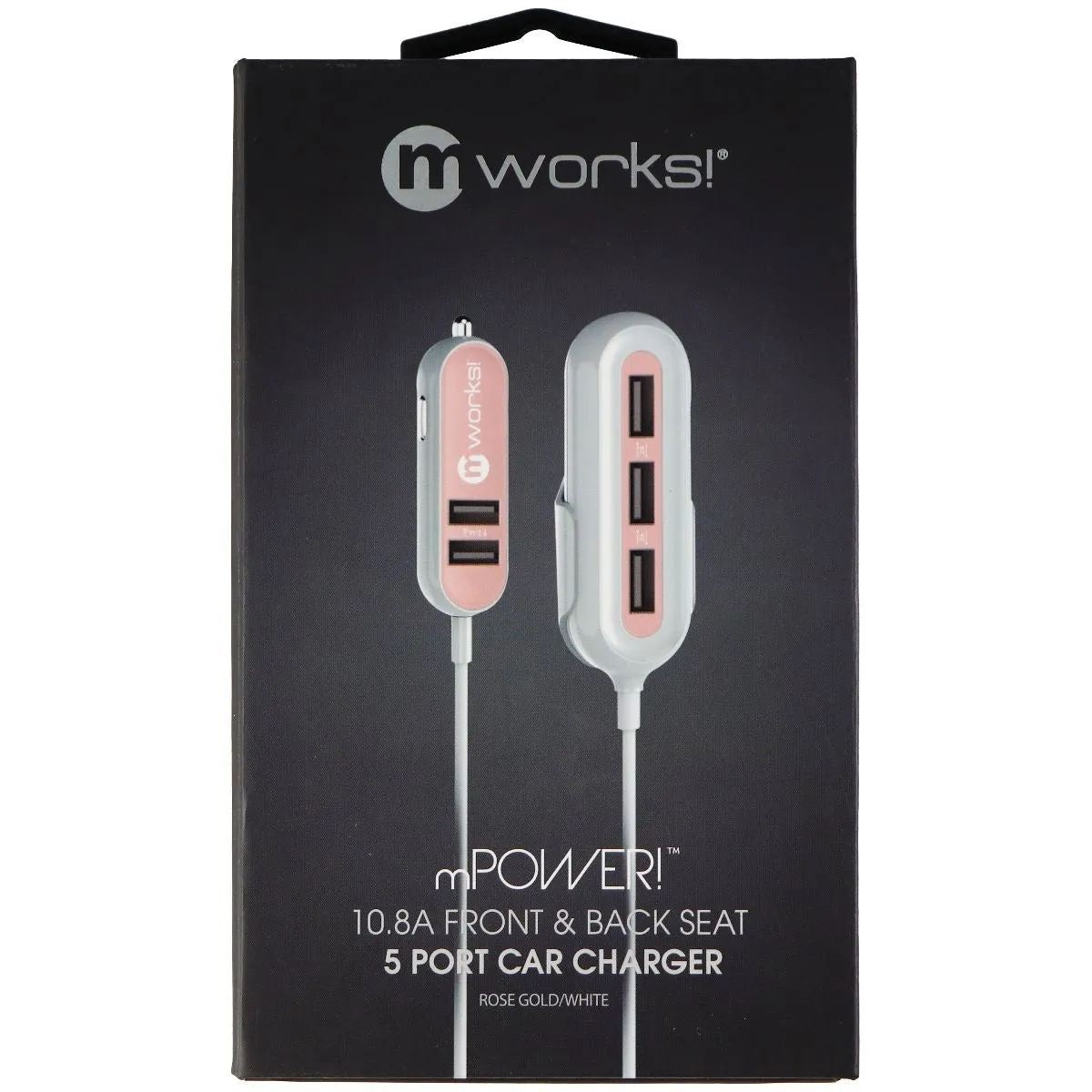 mWorks! mPOWER! 10.8A Front & Back Seat 5 Port Car Charger - Rose Gold/White