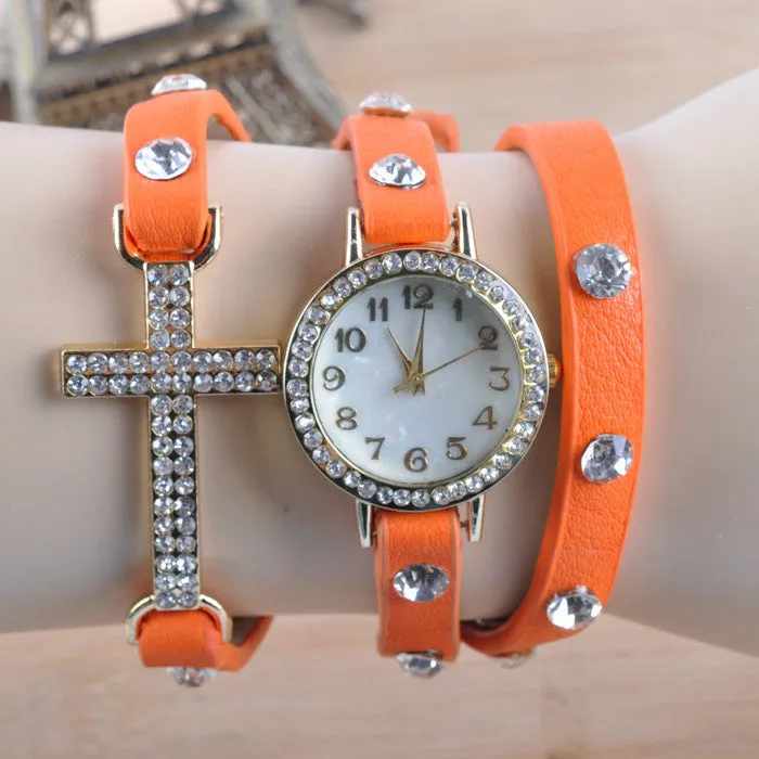 New Korean Lady Fashion Watch Simple Cross Inlaid Rhinestones Long Leather Bracelet Quartz Watches Women Dress Watch