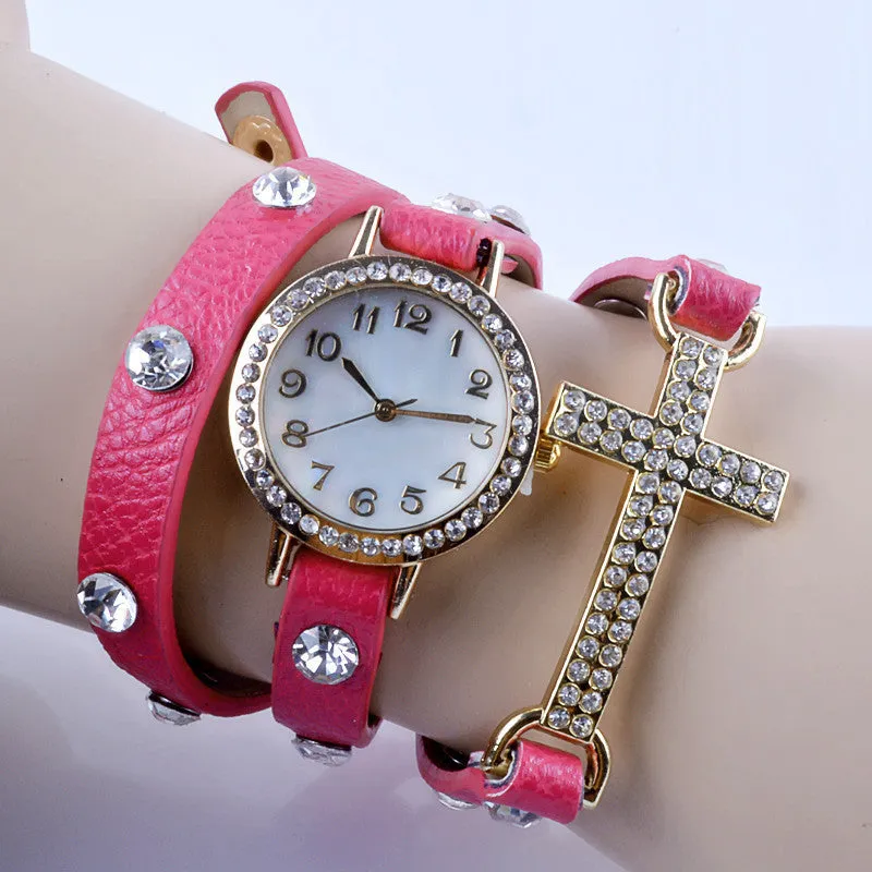 New Korean Lady Fashion Watch Simple Cross Inlaid Rhinestones Long Leather Bracelet Quartz Watches Women Dress Watch