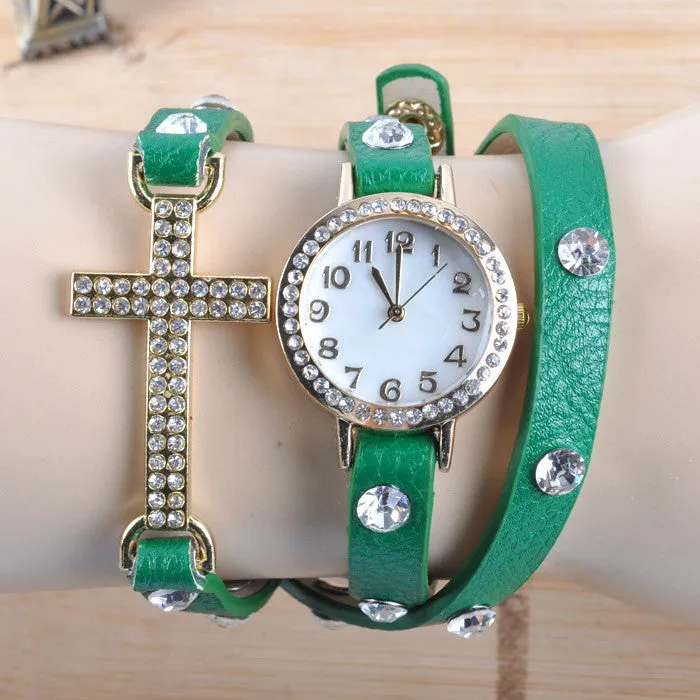 New Korean Lady Fashion Watch Simple Cross Inlaid Rhinestones Long Leather Bracelet Quartz Watches Women Dress Watch