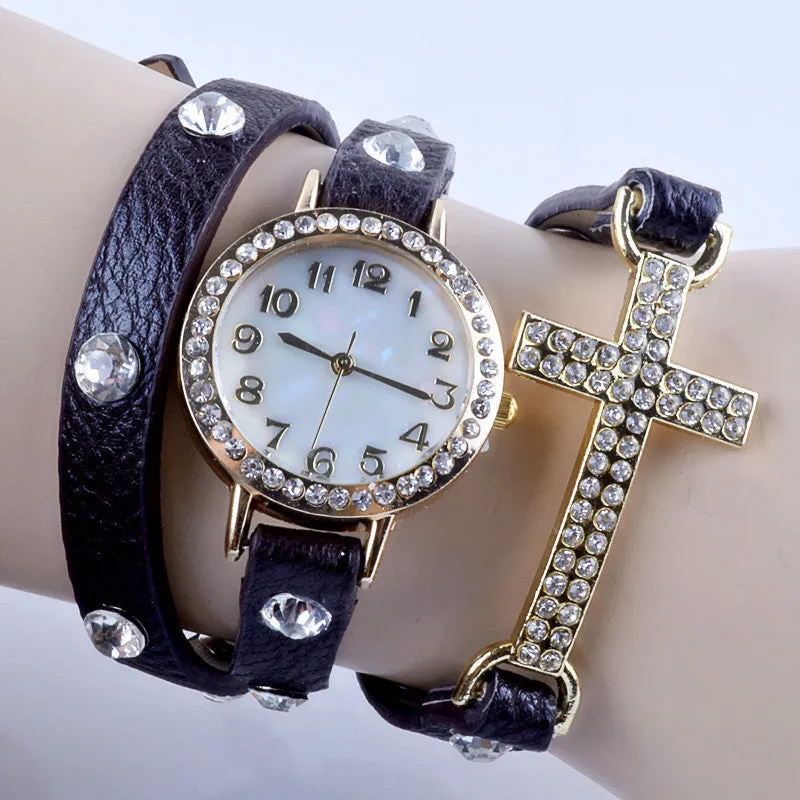 New Korean Lady Fashion Watch Simple Cross Inlaid Rhinestones Long Leather Bracelet Quartz Watches Women Dress Watch