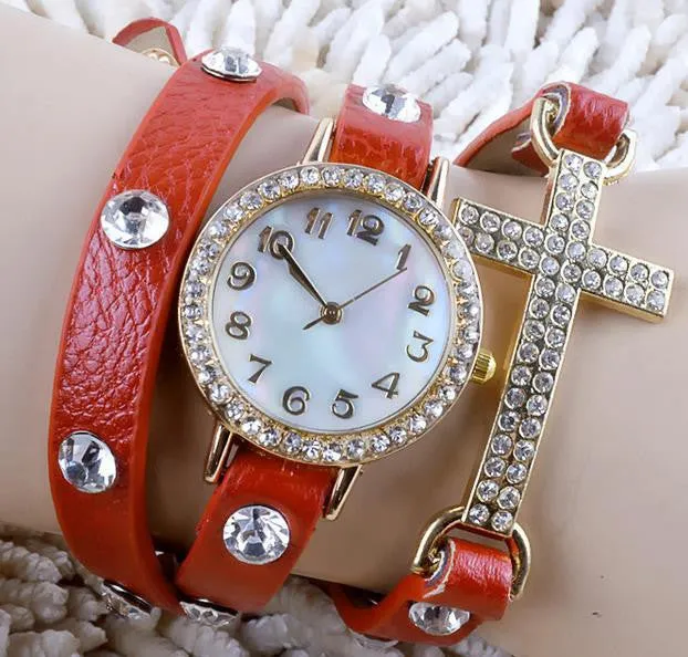 New Korean Lady Fashion Watch Simple Cross Inlaid Rhinestones Long Leather Bracelet Quartz Watches Women Dress Watch