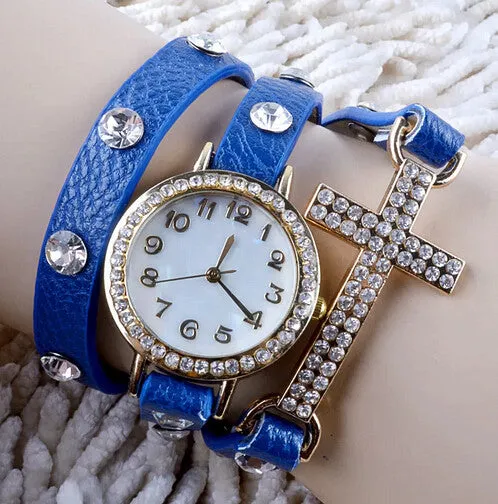 New Korean Lady Fashion Watch Simple Cross Inlaid Rhinestones Long Leather Bracelet Quartz Watches Women Dress Watch