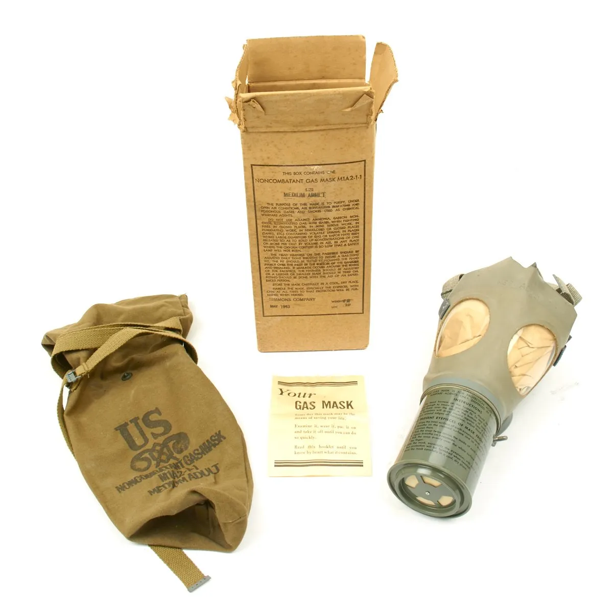 Original U.S. WWII Noncombatant Gas Mask M1A2-1-1 Unissued in Box - NOS