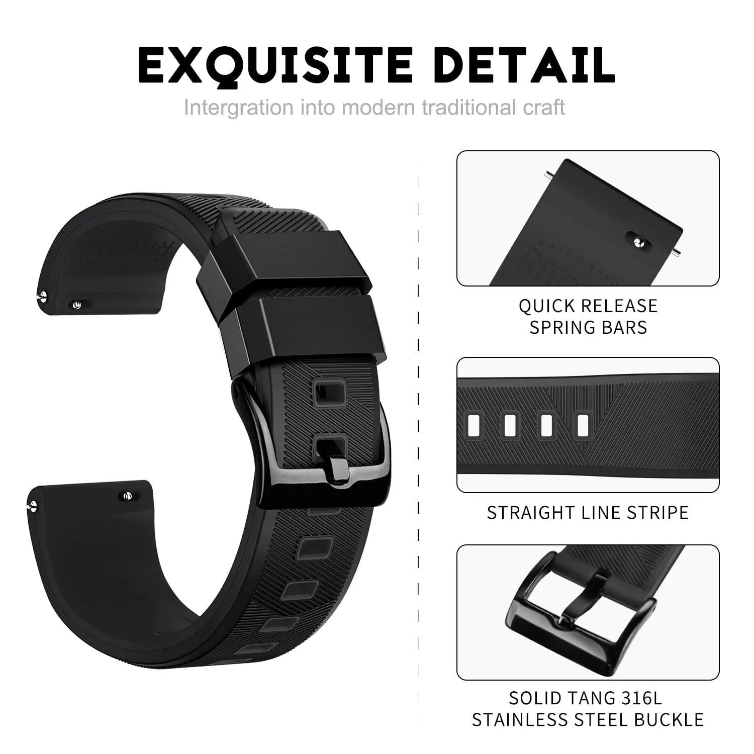 Ritche Sports Silicone Watch Bands Quick Release-Black/Black Buckle