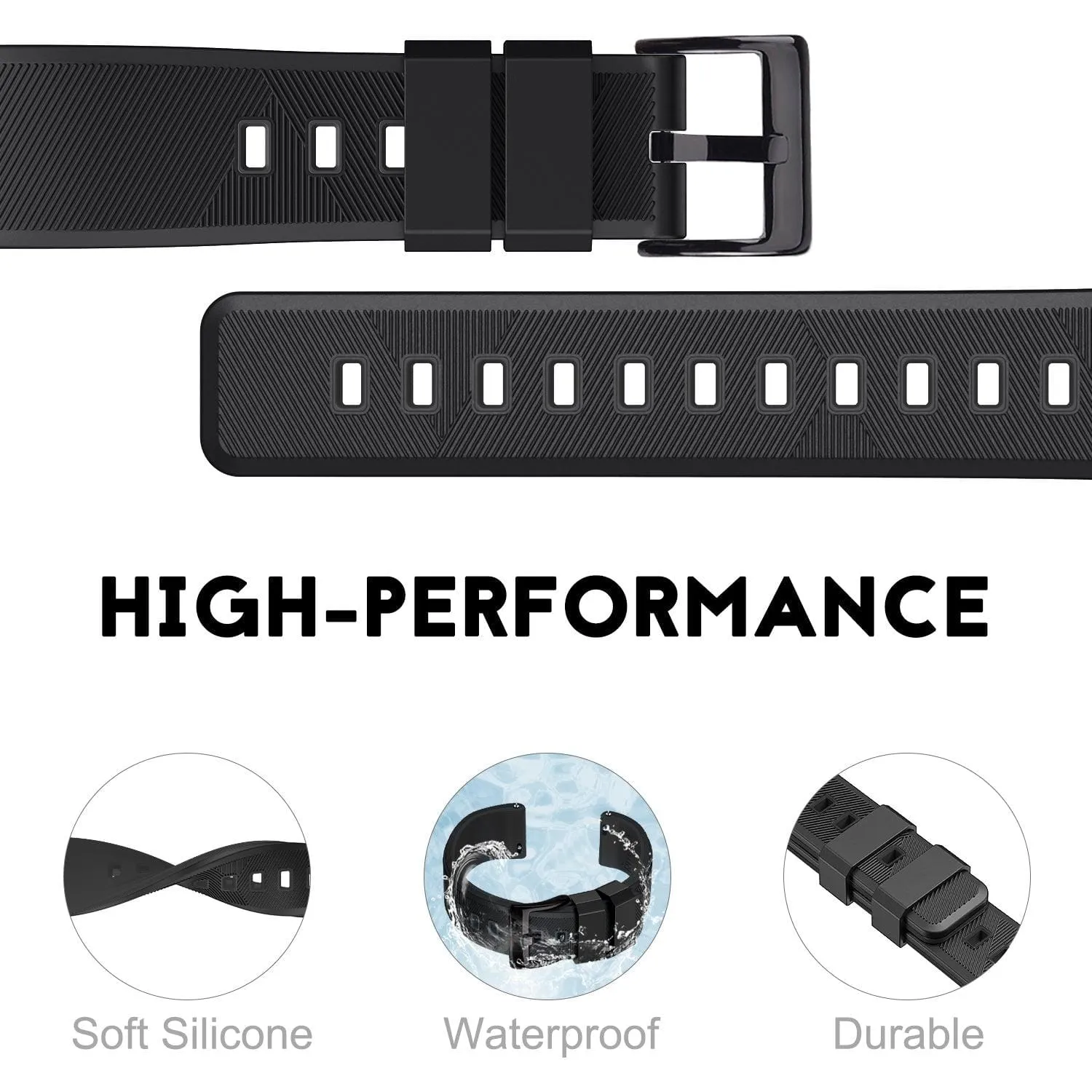 Ritche Sports Silicone Watch Bands Quick Release-Black/Black Buckle