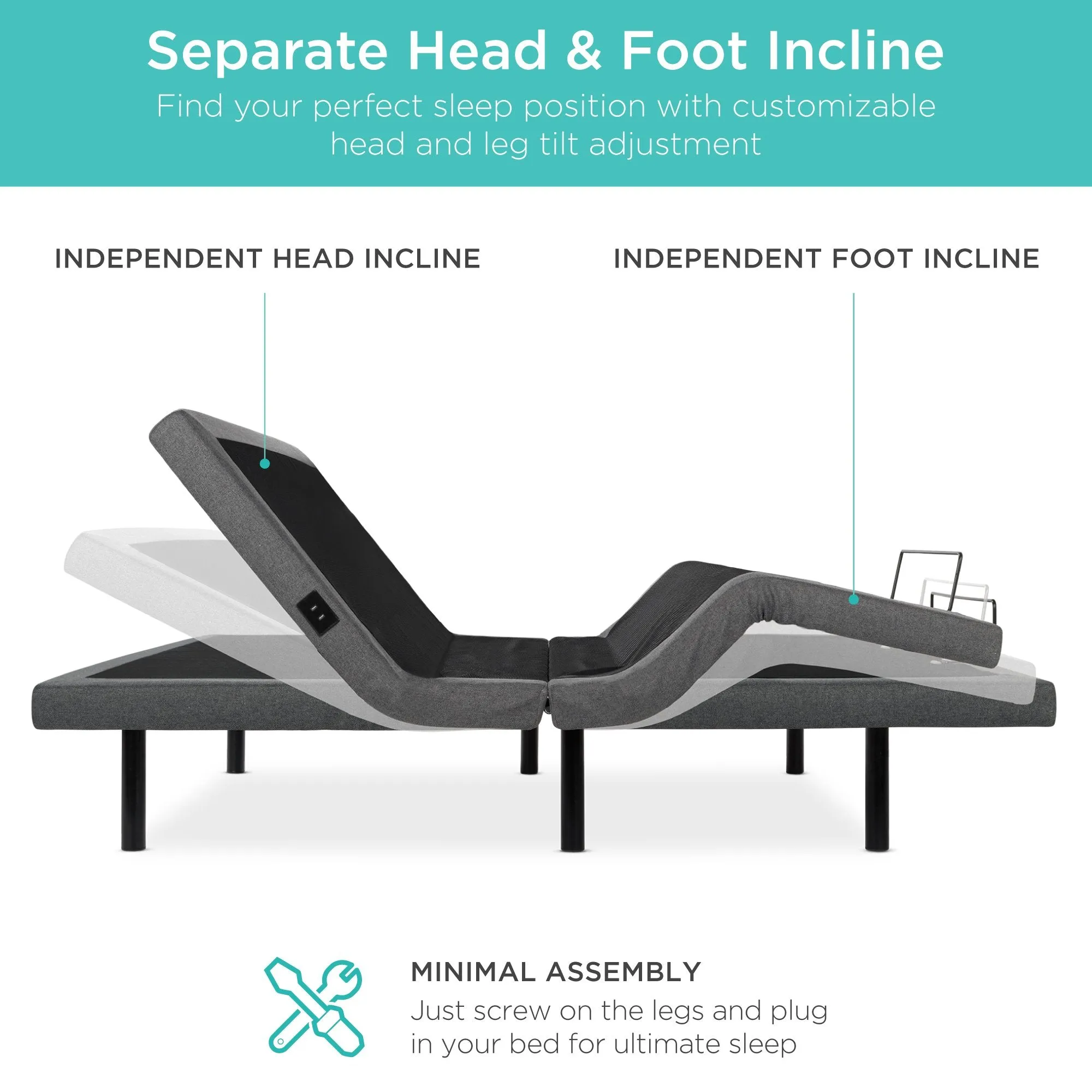 Split King Size Adjustable Bed Base with Massage, Remote, USB Ports