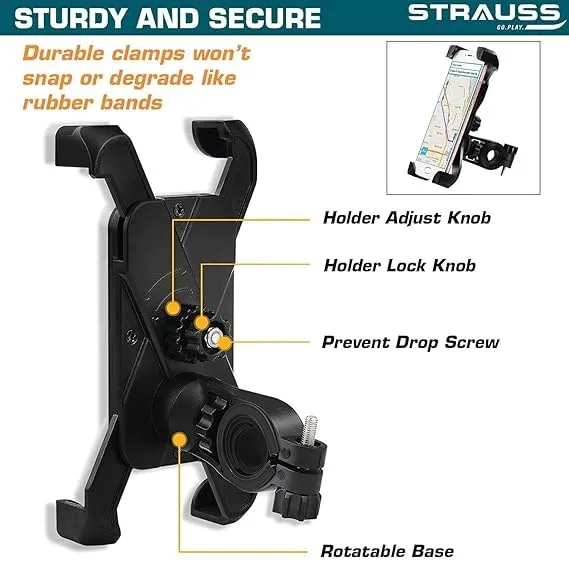 STRAUSS Bike Mobile Holder - Adjustable 360° Rotation Bicycle Phone Mount | Anti Shake and Stable Cradle Clamp | Bike Accessories | Bike Phone Holder for Maps and GPS Navigation (Black) | Pack of 12