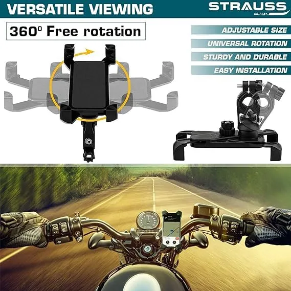 STRAUSS Bike Mobile Holder - Adjustable 360° Rotation Bicycle Phone Mount | Anti Shake and Stable Cradle Clamp | Bike Accessories | Bike Phone Holder for Maps and GPS Navigation (Black) | Pack of 12