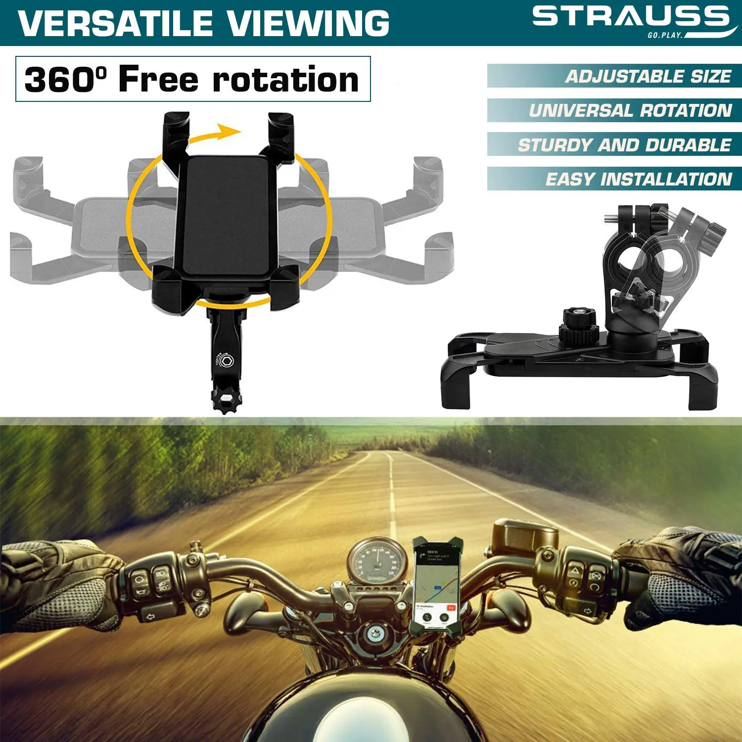 STRAUSS Bike Mobile Holder - Adjustable 360° Rotation Bicycle Phone Mount | Anti Shake and Stable Cradle Clamp | Bike Accessories | Bike Phone Holder for Maps and GPS Navigation (Black)