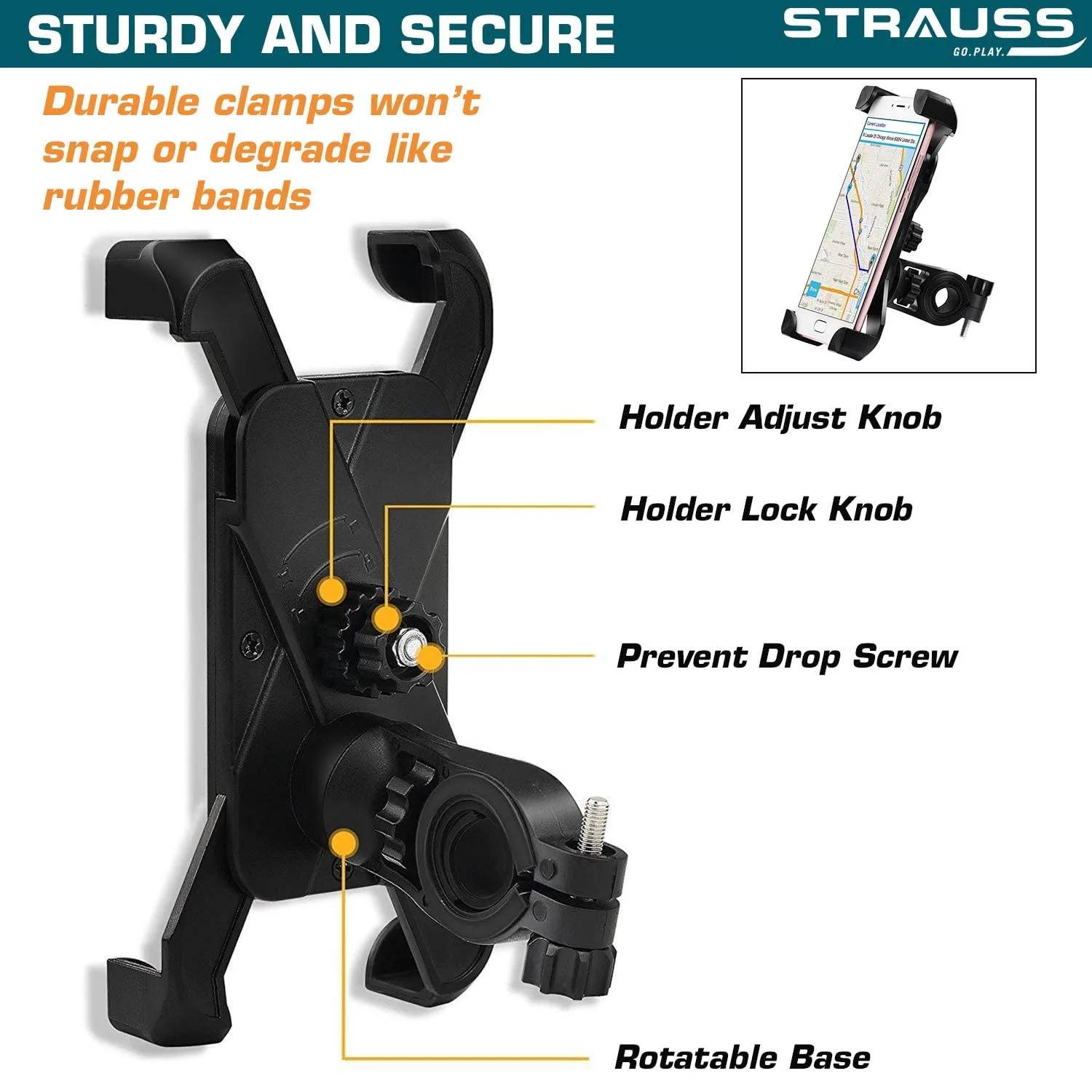 STRAUSS Bike Mobile Holder - Adjustable 360° Rotation Bicycle Phone Mount | Anti Shake and Stable Cradle Clamp | Bike Accessories | Bike Phone Holder for Maps and GPS Navigation (Black)