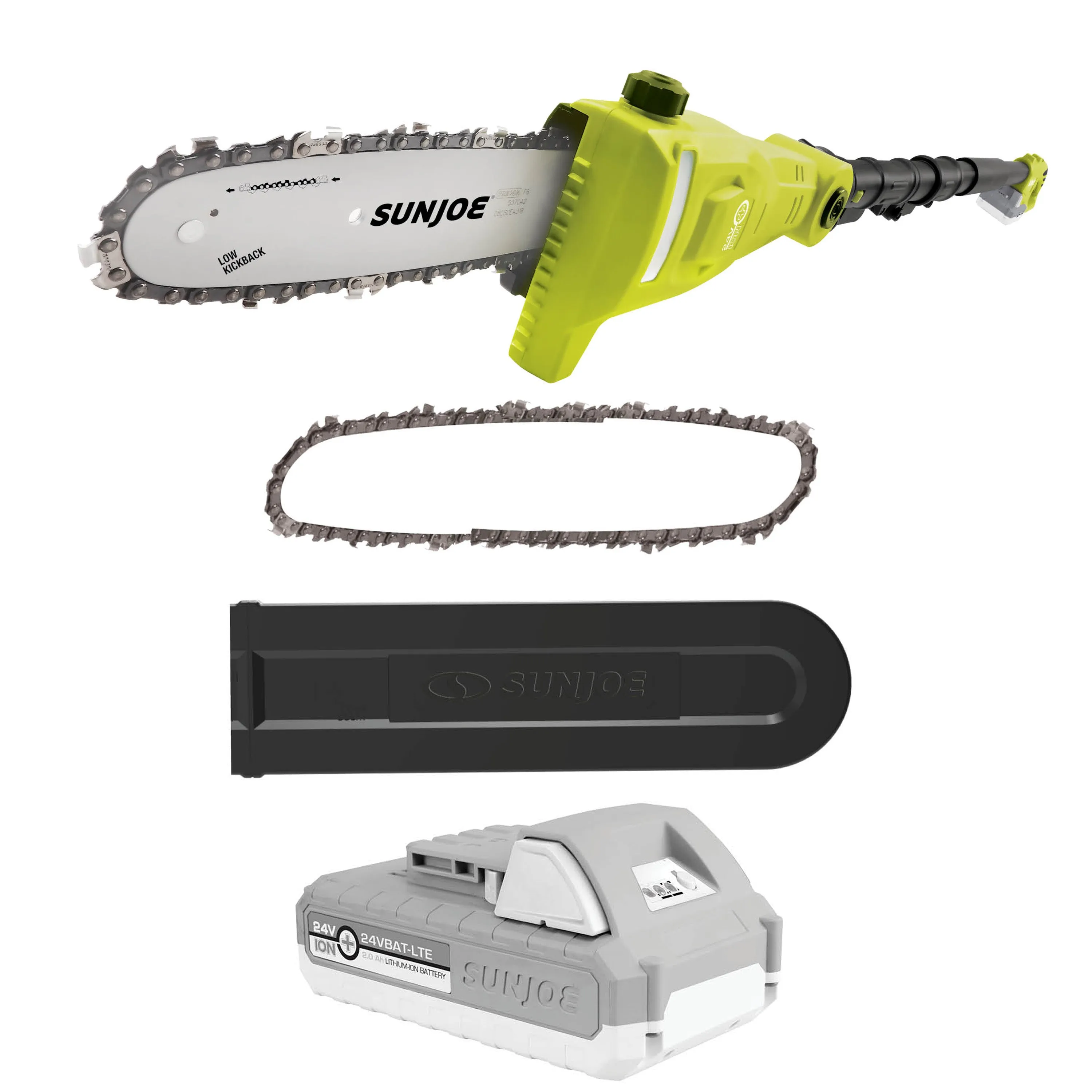 Sun Joe 24V-PS8CMAX-LTE 24-Volt* IONMAX Cordless Telescoping Pole Chain Saw Kit | 8-inch | W/ Bonus Spare Chain, 2.0-Ah Battery   Charger