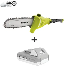 Sun Joe 24V-PS8CMAX-LTE 24-Volt* IONMAX Cordless Telescoping Pole Chain Saw Kit | 8-inch | W/ Bonus Spare Chain, 2.0-Ah Battery   Charger