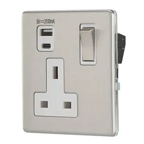 Switched Socket 13A Type A C USB Charger 3.1A 15.5W Brushed Stainless Steel