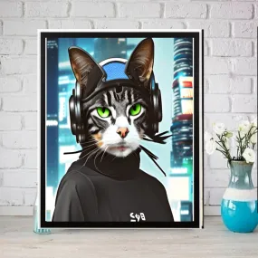 tabby cat wearin headphones  portriat poster  .tabby cat-poster , Cat Wall Art -Cat Print - | AI-Generated Art | Futuristic Ai Art |