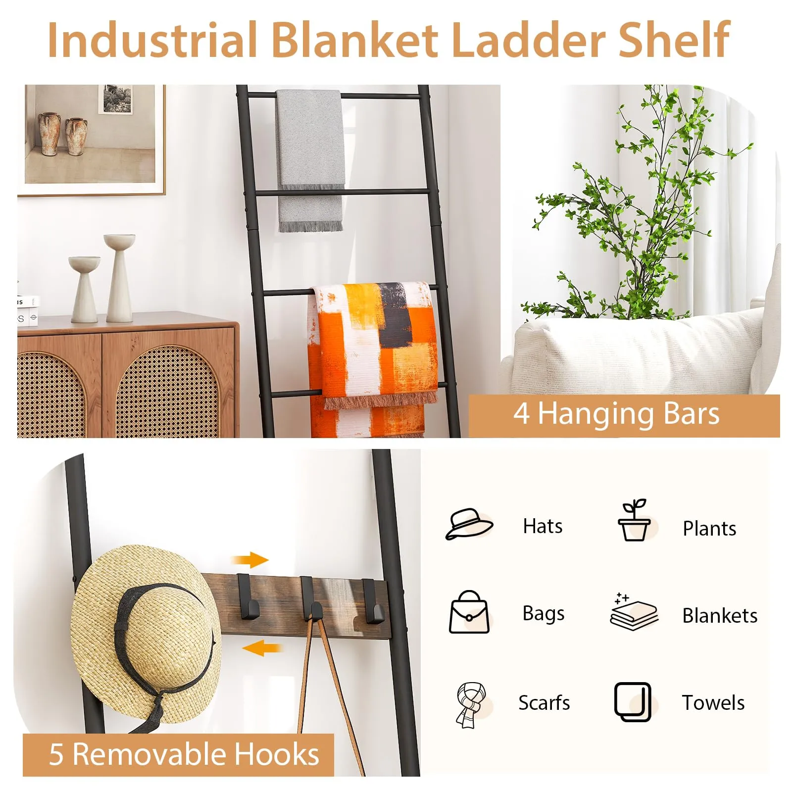 Tangkula Blanket Ladder, 5-Tier Ladder Shelf with 5 Removable Hooks