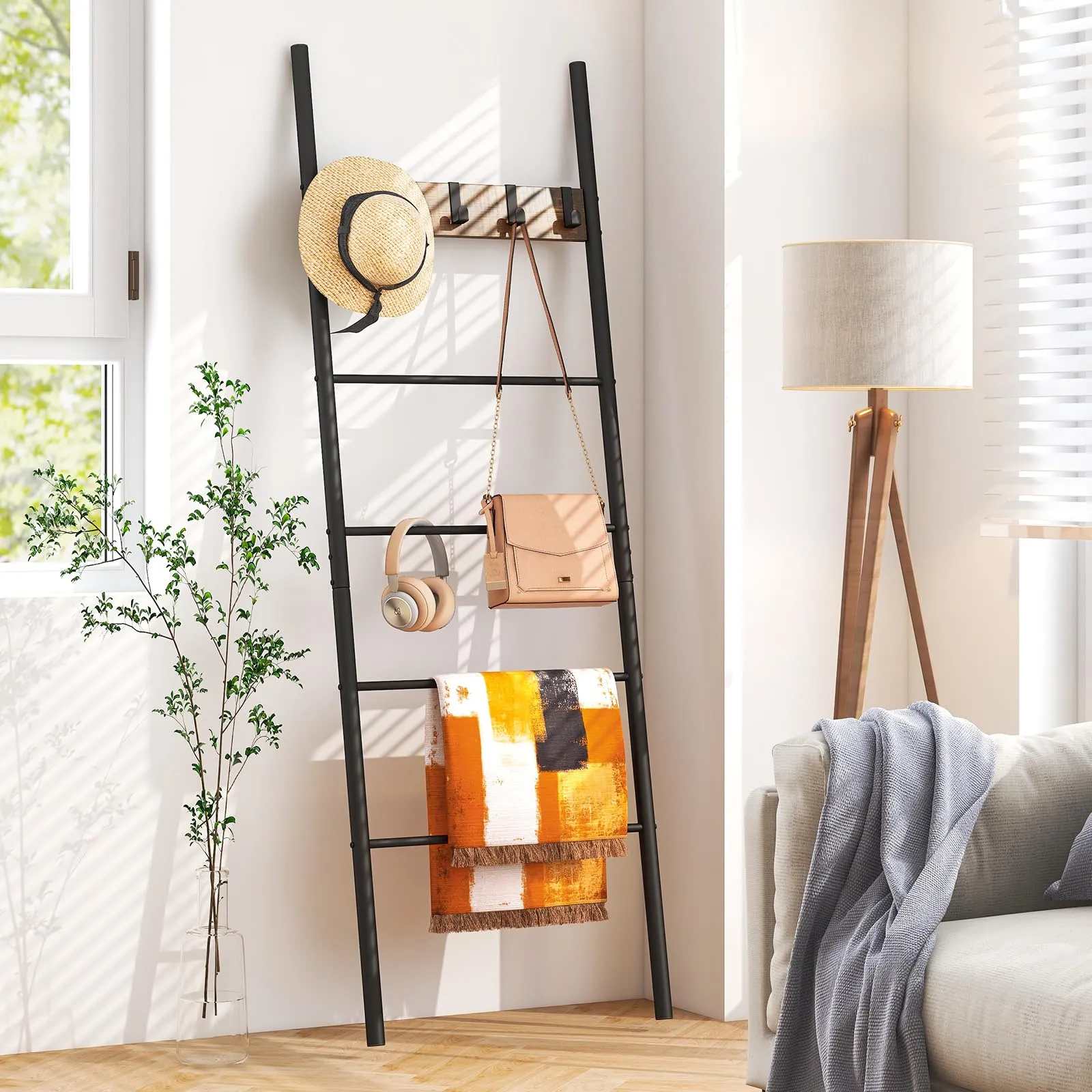 Tangkula Blanket Ladder, 5-Tier Ladder Shelf with 5 Removable Hooks