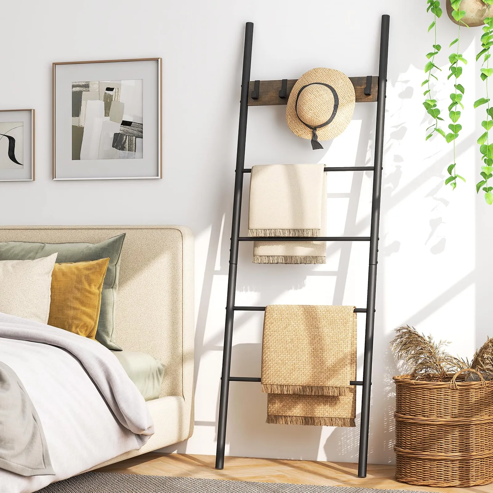 Tangkula Blanket Ladder, 5-Tier Ladder Shelf with 5 Removable Hooks