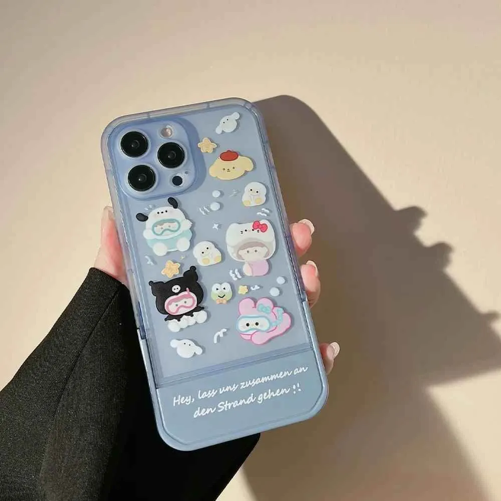 Transparent Blue Cute Phone Cases For iPhone 15 14 13 11 12 Pro Max XS XR X 7 8 Plus SE 2020 With Invisible Stand Holder