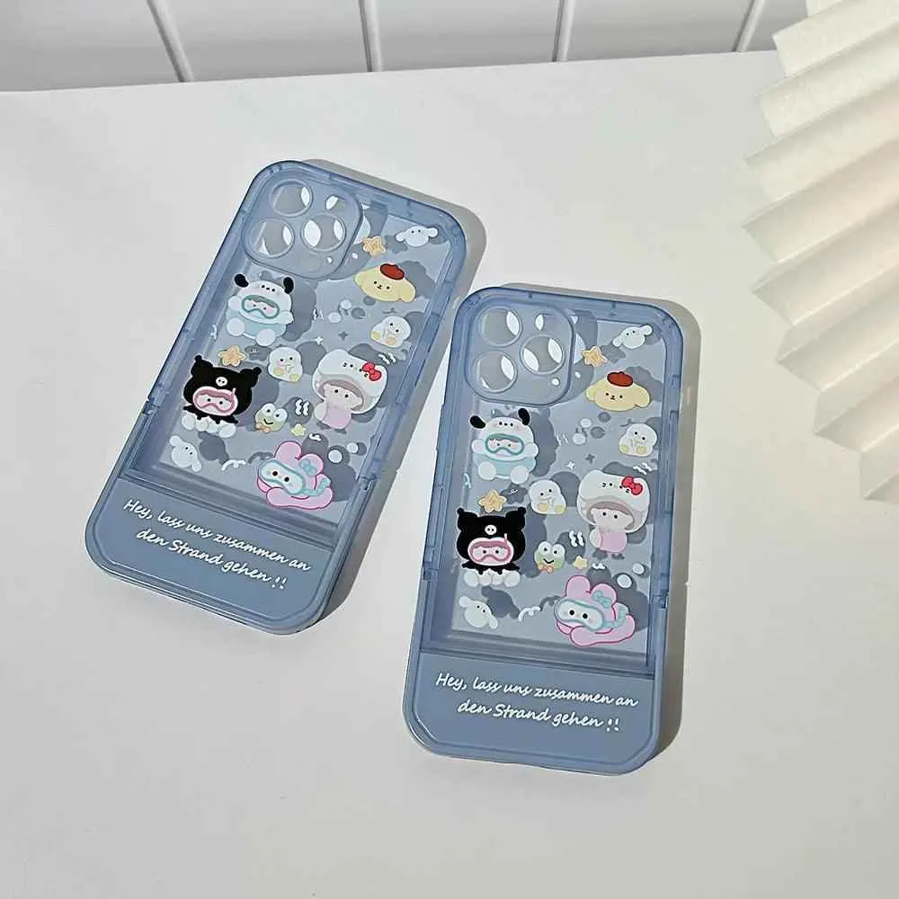 Transparent Blue Cute Phone Cases For iPhone 15 14 13 11 12 Pro Max XS XR X 7 8 Plus SE 2020 With Invisible Stand Holder