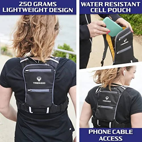 TREKEO 250g Lightweight-Slimline Mini-Running-Backpack 28" to 41" Thoracic waist comfort fit for Men & Women Water-resistant cell-phone-pouch