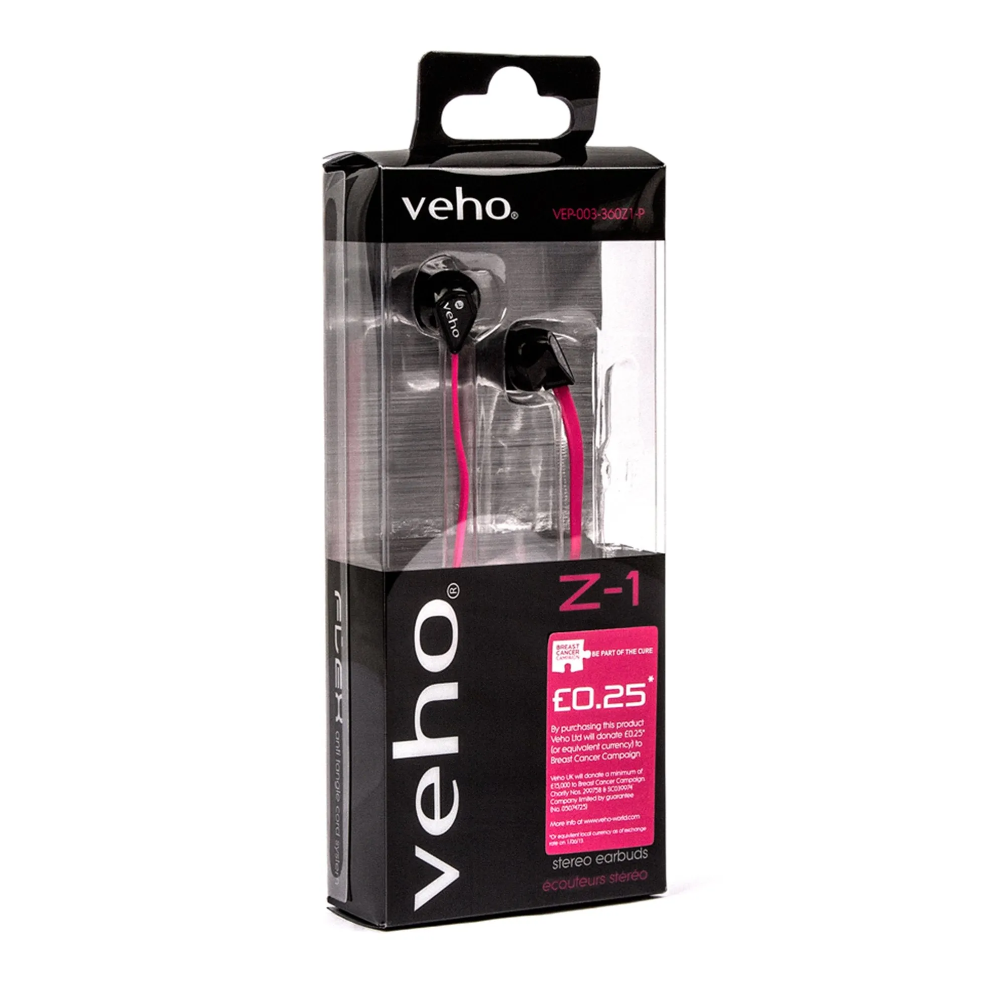 Veho 360 Z-1 Stereo Noise isolating Earphones with flex 'anti' tangle cord system - Pink