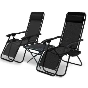 VOUNOT Set of 2 Zero Gravity Chair and Matching Table, Reclining Sun Loungers with Cup & Phone Holder, Black