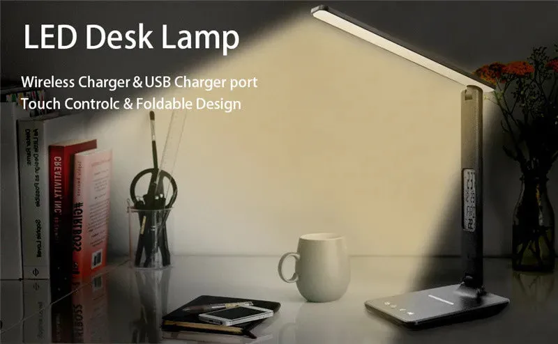 Wireless Charger Pad LED Desk Lamp Temperature Alarm Clock Eye Protect Study Business Light Table Lamp 10W Fast Charging Station