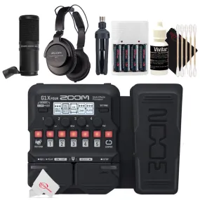 Zoom G1X Four Guitar Multi-Effects Processor With Built-In Expression Pedal   Zoom ZDM-1 Podcast Mic Pack Accessory Bundle   Rechargeable Battery & Charger   3pc Cleaning Kit